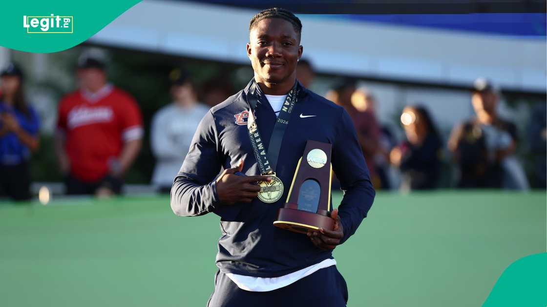 Kanyinsola Ajayi with the 2026 100 meters title at the NCAA Division I Men's and Women's Track and Field Championship held at Hayward Field in Eugene. Photo by Chris Swann Kanyinsola Ajayi with the 2026 100 meters title at the NCAA Division I Men's and Women's Track and Field Championship held at Hayward Field in Eugene. Photo by Chris Swann
