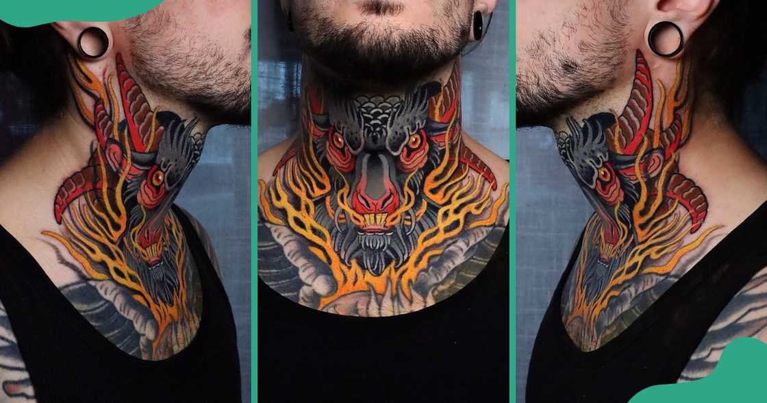 A neotraditional throat tattoo pictured from different sides. A neotraditional throat tattoo pictured from different sides.