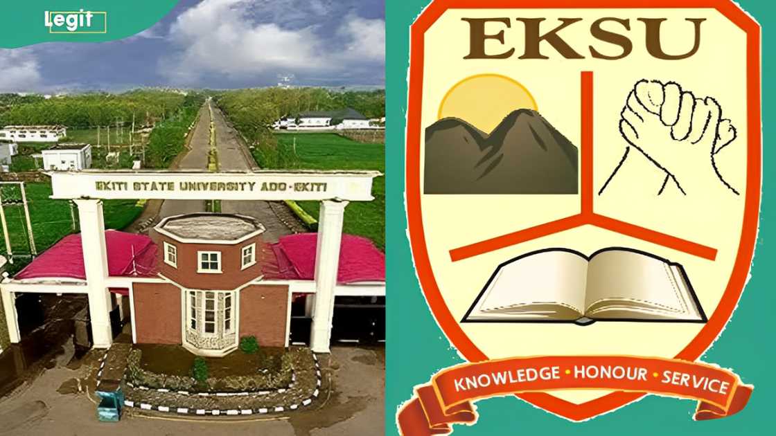 EKSU entrance (L). The EKSU logo (R) EKSU entrance (L). The EKSU logo (R)