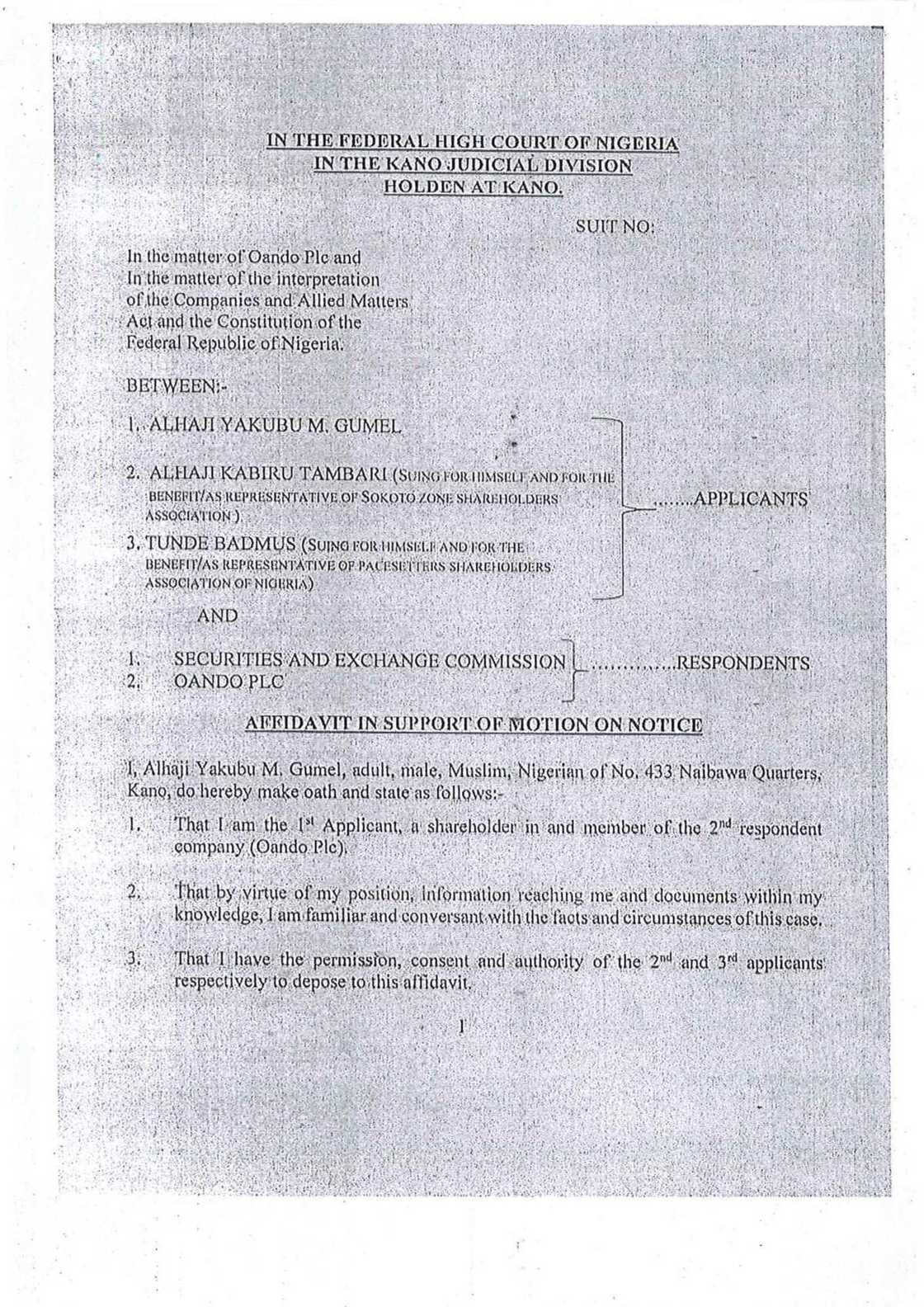 Oando shareholders have taken SEC to court to challenge penalties against Oando in May 31st letter