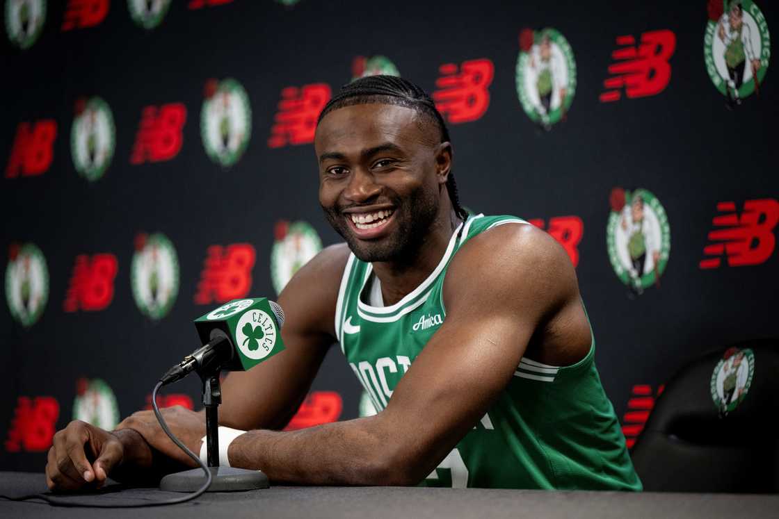 Jaylen Brown of the Boston Celtics speaks to the media during the 2024 Boston Celtics Media Da Jaylen Brown of the Boston Celtics speaks to the media during the 2024 Boston Celtics Media Da