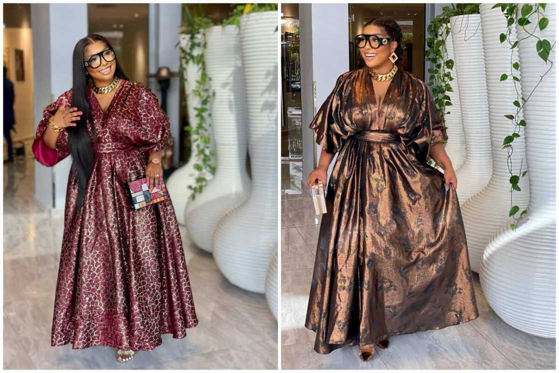 A ladies showcasing different styles of damask maxi dress