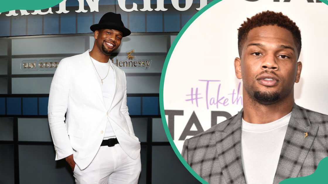 Daniel Bellomy in a white suit and in a checked grey suit Daniel Bellomy in a white suit and in a checked grey suit