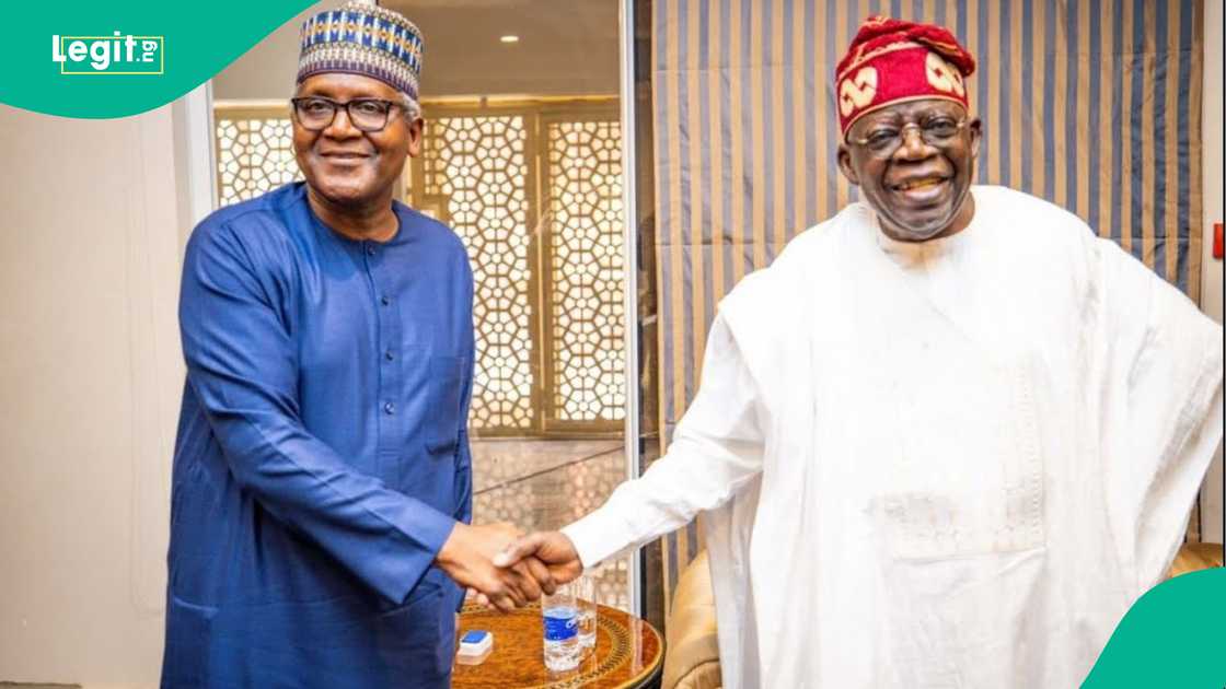 President Bola Tinubu all smiles while shaking Aaliko Dangote in Aso Rock President Bola Tinubu all smiles while shaking Aaliko Dangote in Aso Rock