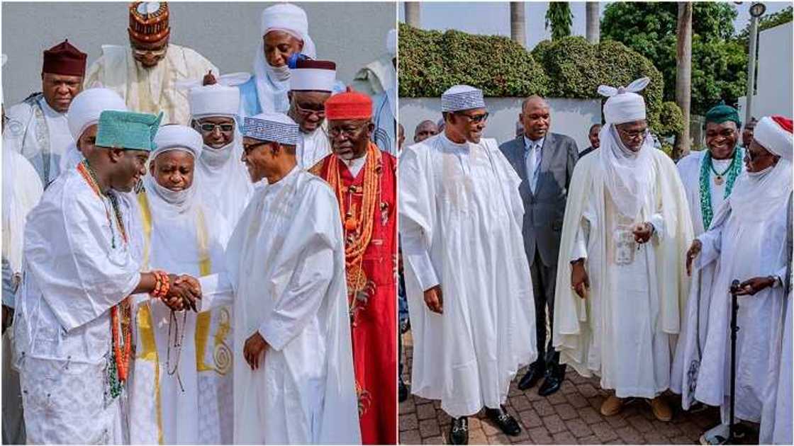 Sarakunan gargajiya sun kai ma Buhari gaisuwar jinjina da ban girma a Villa (Hotuna) Sarakunan gargajiya sun kai ma Buhari gaisuwar jinjina da ban girma a Villa (Hotuna)