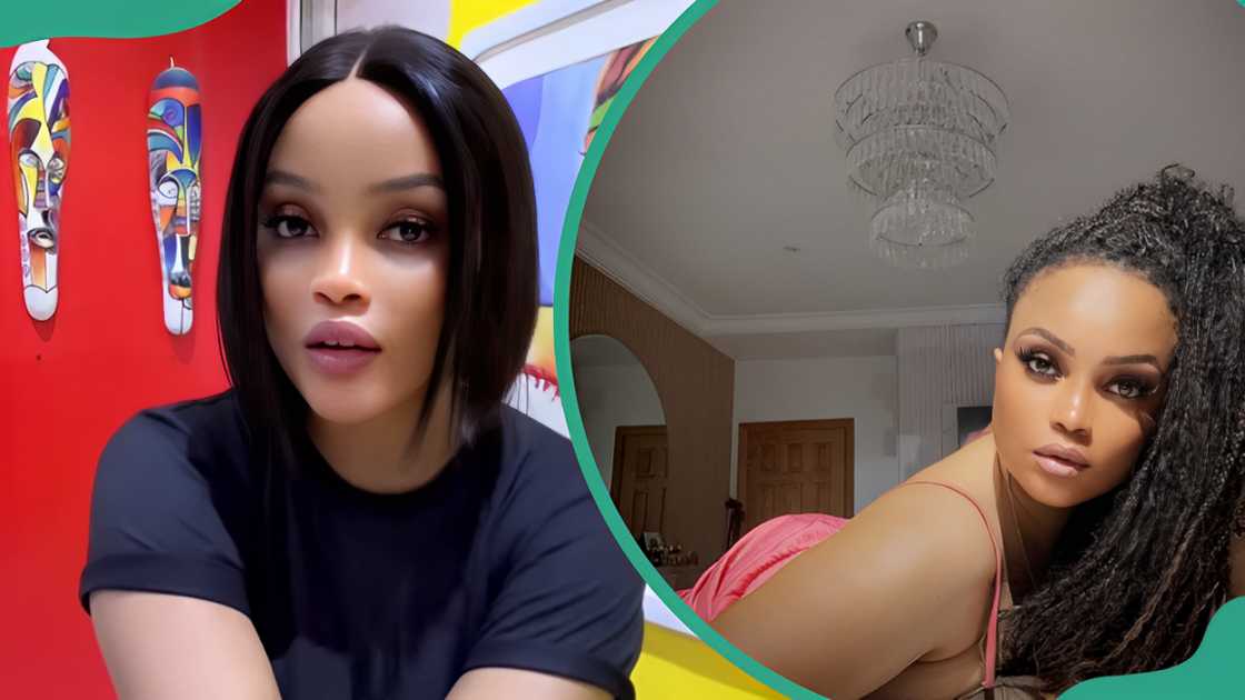 Maureen Esisi wearing a black top (L). Maureen Esisi posing for a selfie while lying in bed (R). Maureen Esisi wearing a black top (L). Maureen Esisi posing for a selfie while lying in bed (R).