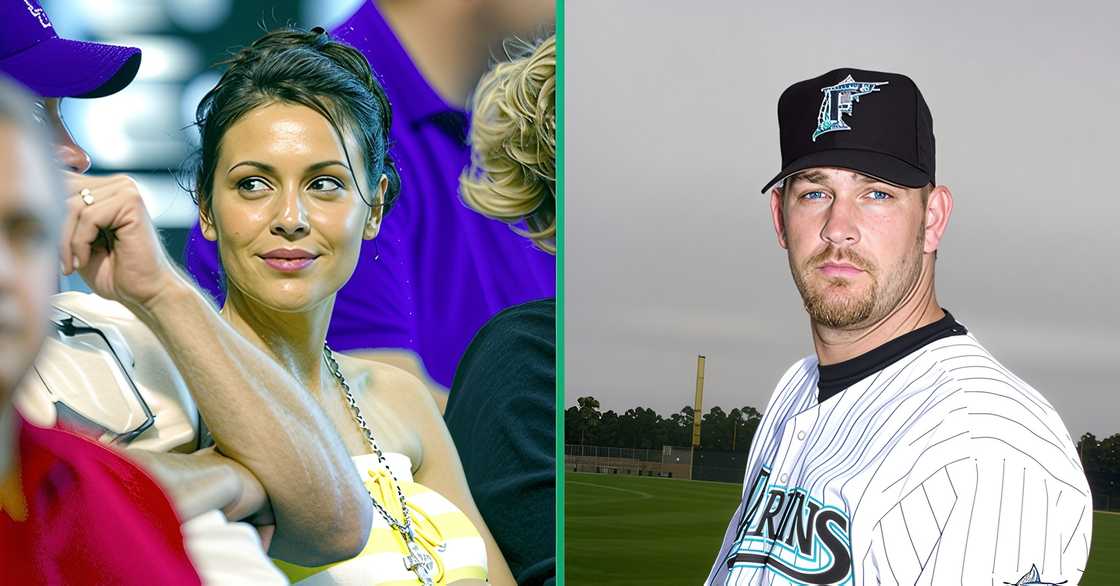 Alyssa Milano pictured sitting in a stadium during a baseball match. Brad Penny poses for a portrait. Alyssa Milano pictured sitting in a stadium during a baseball match. Brad Penny poses for a portrait.