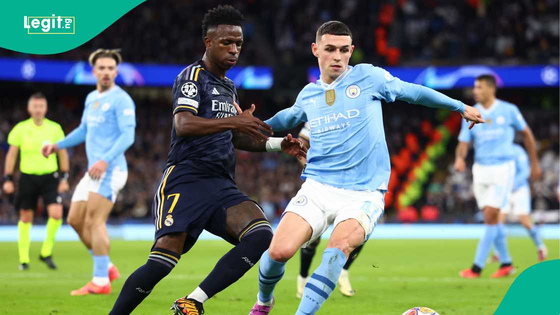 Vinicius Jr, Phil Foden, Jack Grealish, Rodri, Manchester City, Real Madrid, Etihad Stadium, Manchester, England, UEFA Champions League. Vinicius Jr, Phil Foden, Jack Grealish, Rodri, Manchester City, Real Madrid, Etihad Stadium, Manchester, England, UEFA Champions League.