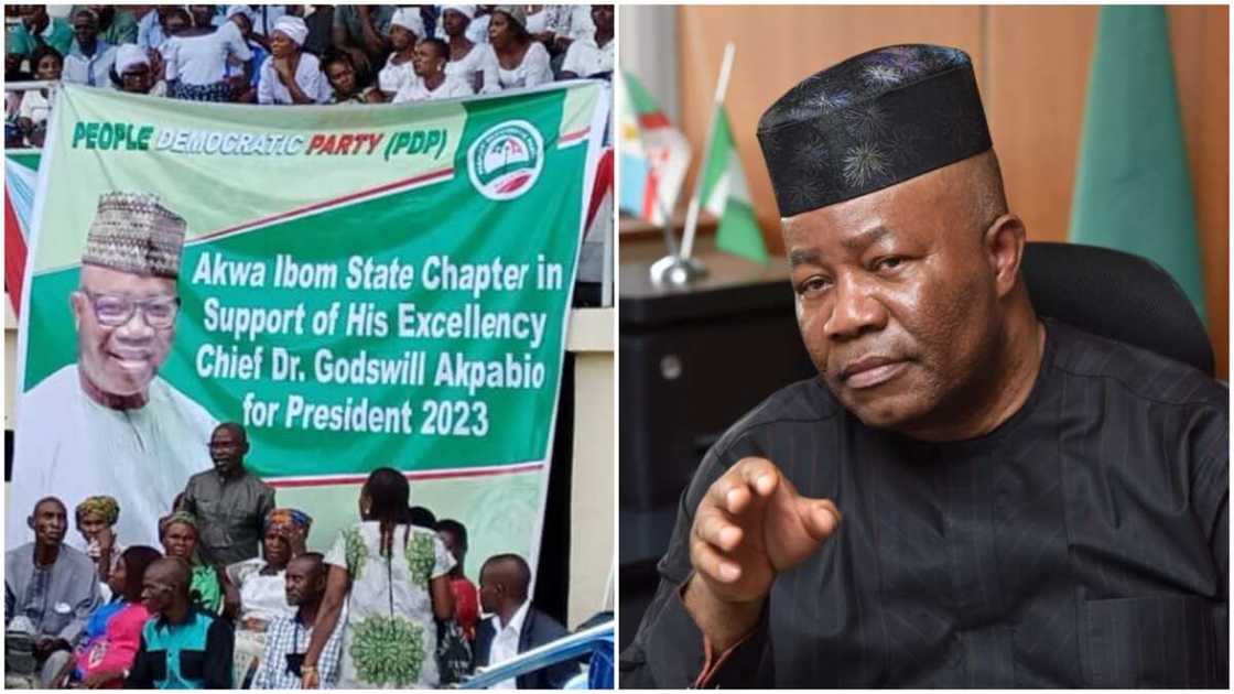 PDP Banner, Buhari's Minister, Godswill Akpabio, Presidential Declaration PDP Banner, Buhari's Minister, Godswill Akpabio, Presidential Declaration