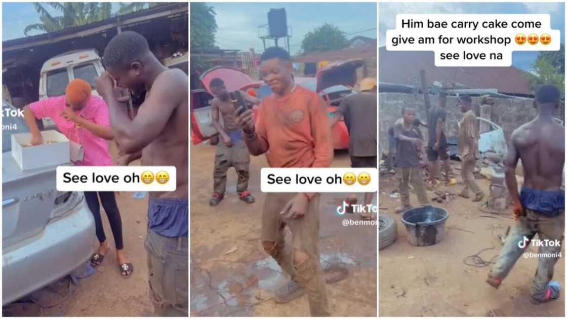 Mechanic and lover/lady gave man cake. Mechanic and lover/lady gave man cake.