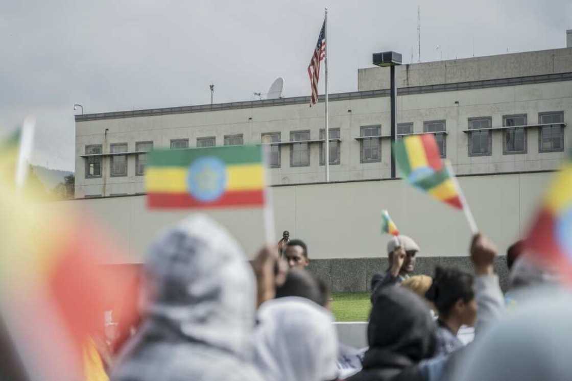 Tigrayan residents of Addis Ababa hold a rally outside the US embassy in Addis Ababa on October 4, 2022, to protest against a resumption of hostilities Tigrayan residents of Addis Ababa hold a rally outside the US embassy in Addis Ababa on October 4, 2022, to protest against a resumption of hostilities