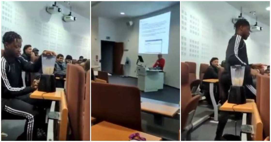 Oyinbo lecturer's reaction to black student using blender to interrupt his class goes viral Oyinbo lecturer's reaction to black student using blender to interrupt his class goes viral