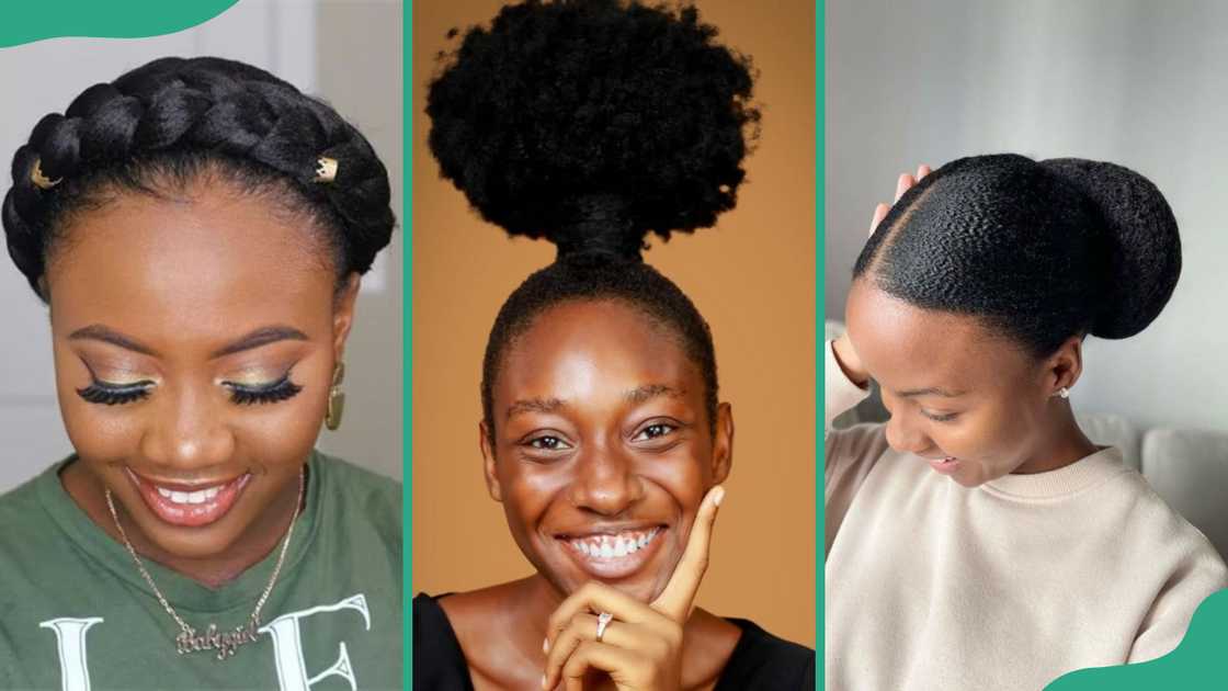 Halo braid (L), top burn (C), and sleek low bun (R) Halo braid (L), top burn (C), and sleek low bun (R)