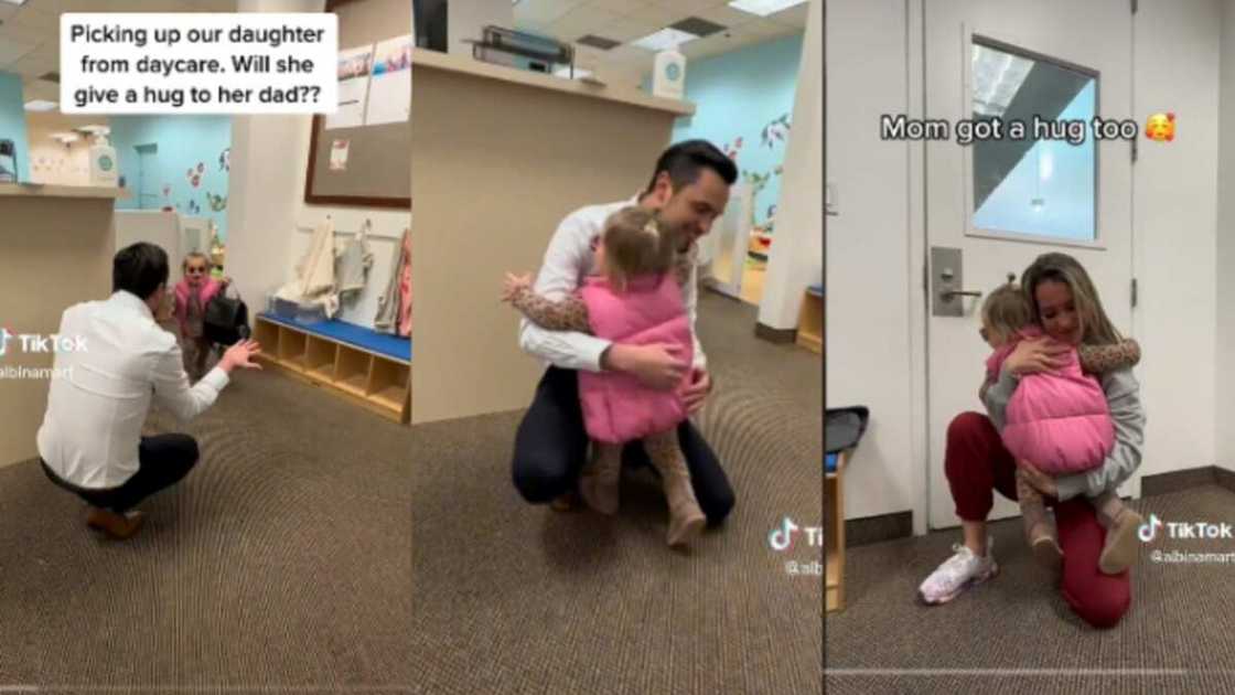 Daughter hurriedly drops bag and hugs father. Daughter hurriedly drops bag and hugs father.