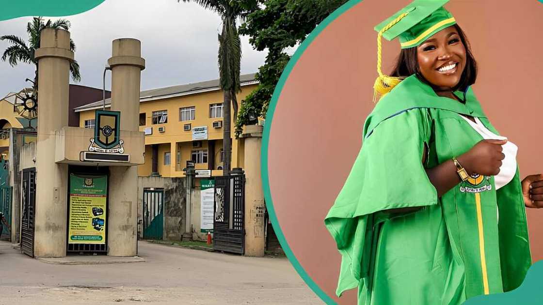 YABATECH building and YABATECH graduate in a graduation attire