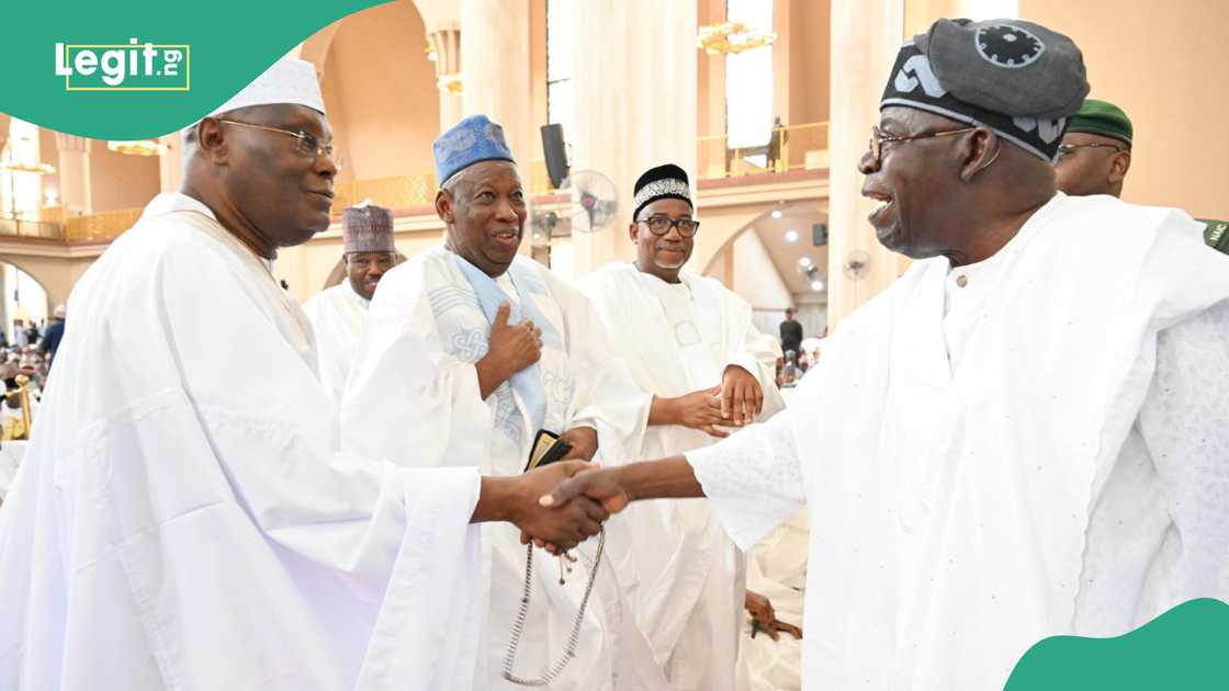 President Bola Tinubu, former vice President Atiku Abubakar, APC national chairman Abdullahi Ganduje and chairman PDP governors' forum Bala Mohammed met at the national mosque in Abuja. President Bola Tinubu, former vice President Atiku Abubakar, APC national chairman Abdullahi Ganduje and chairman PDP governors' forum Bala Mohammed met at the national mosque in Abuja.