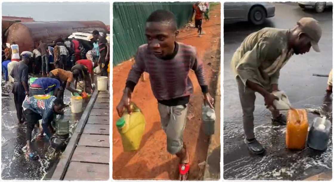 Residents scoop petroleum product from a fallen tanker. Residents scoop petroleum product from a fallen tanker.