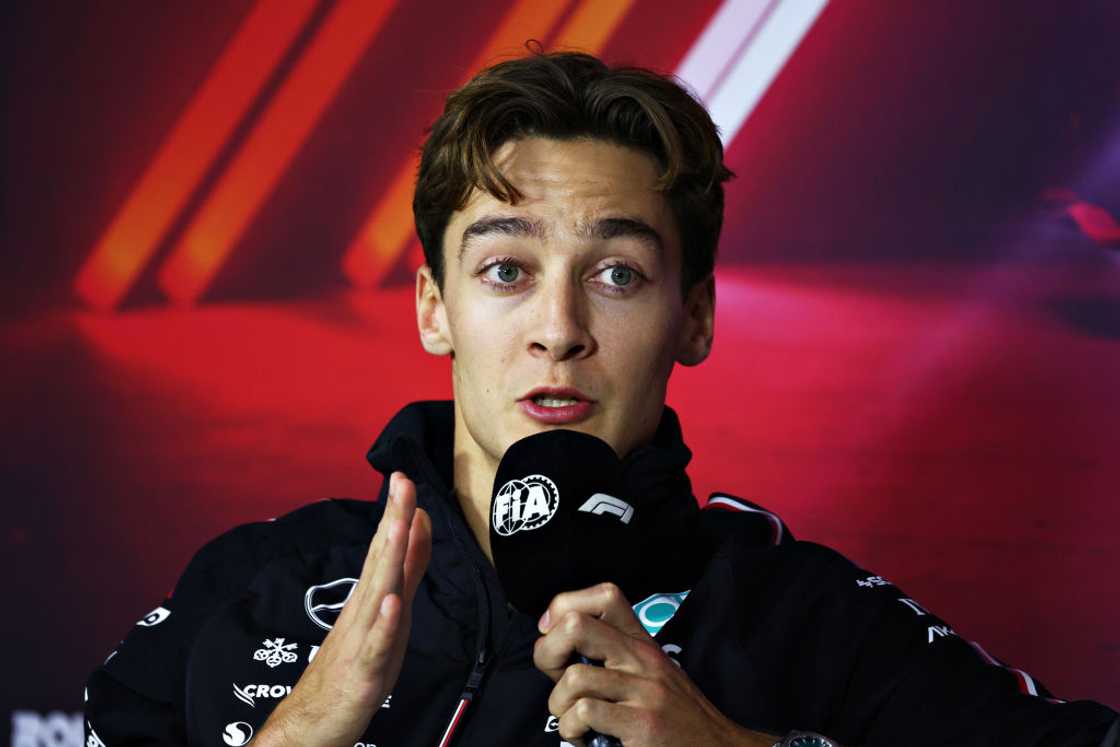 George Russell speaks at a press conference George Russell speaks at a press conference