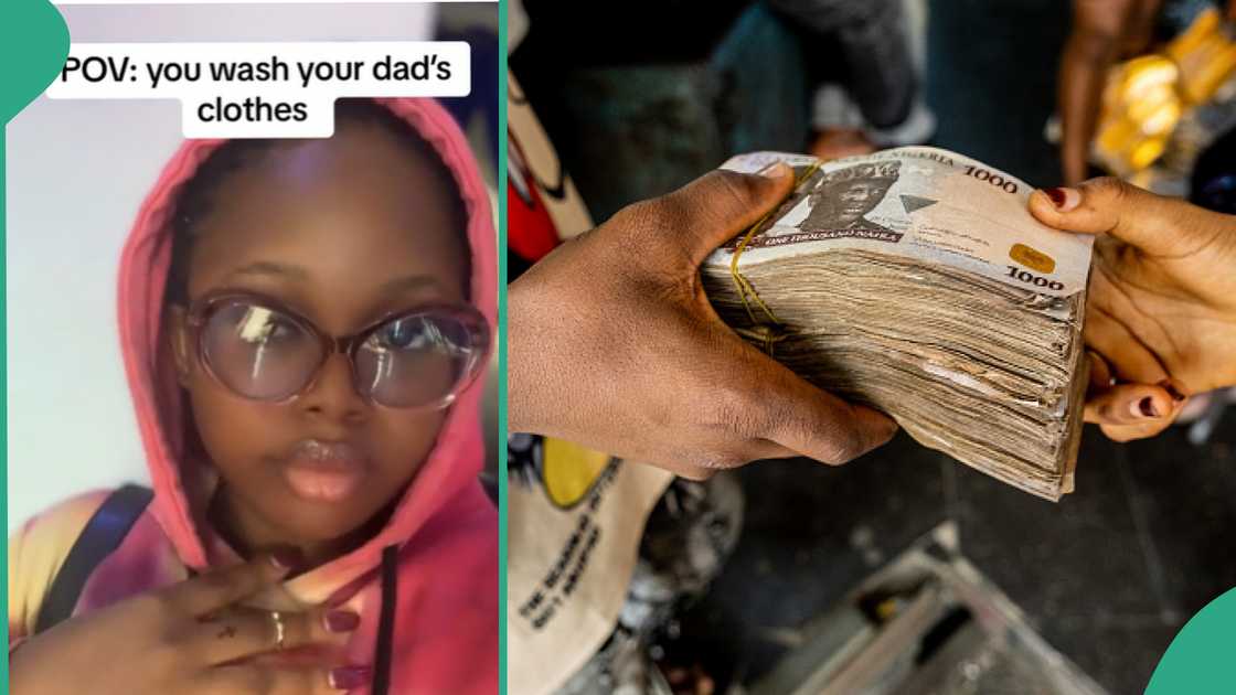 Lady finds money in her father's pocket. Lady finds money in her father's pocket.