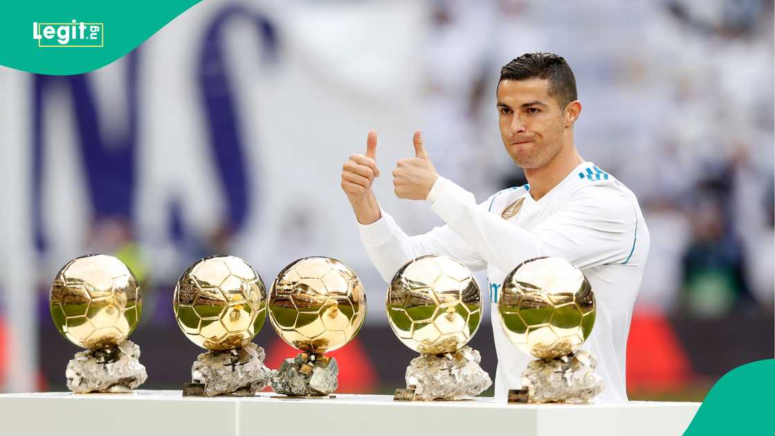 Cristiano Ronaldo celebrates with the Bernabeu crowd after winning the Ballon d'Or