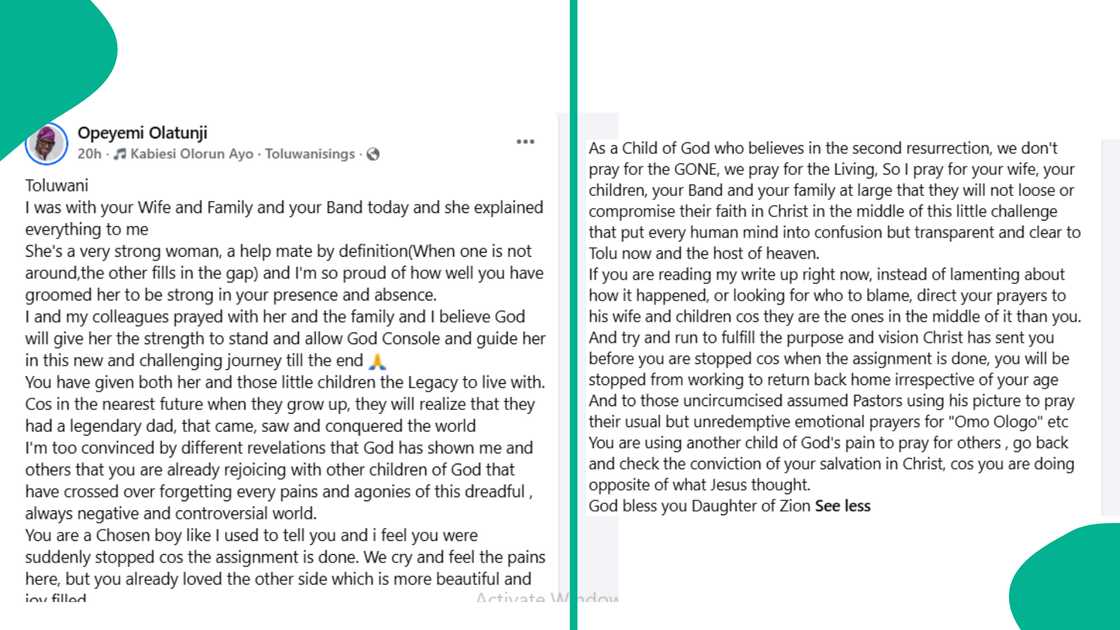 Opeyemi Olatunji describes late Toluwanisings' wife as a strong women.
