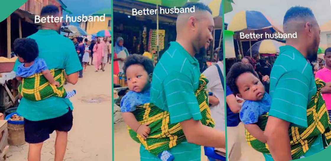Man takes his baby to the market. Man takes his baby to the market.