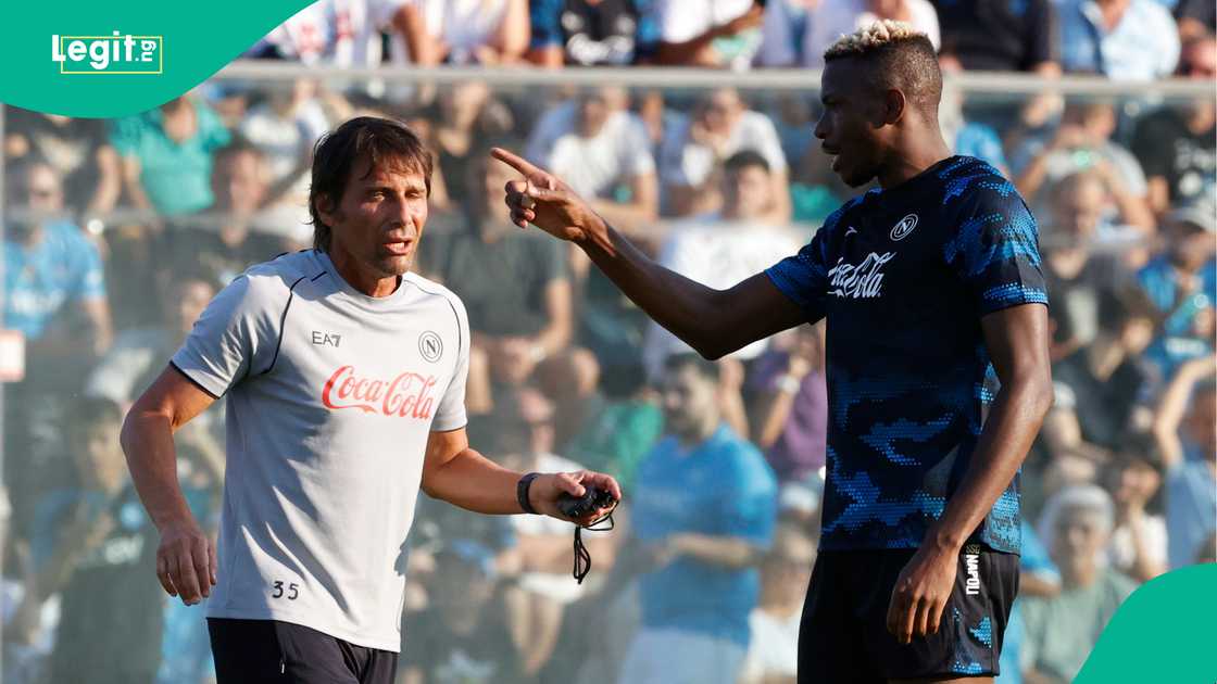 Victor Osimhen, Antonio Conte, Napoli's training centre, Naples, Italy. Victor Osimhen, Antonio Conte, Napoli's training centre, Naples, Italy.