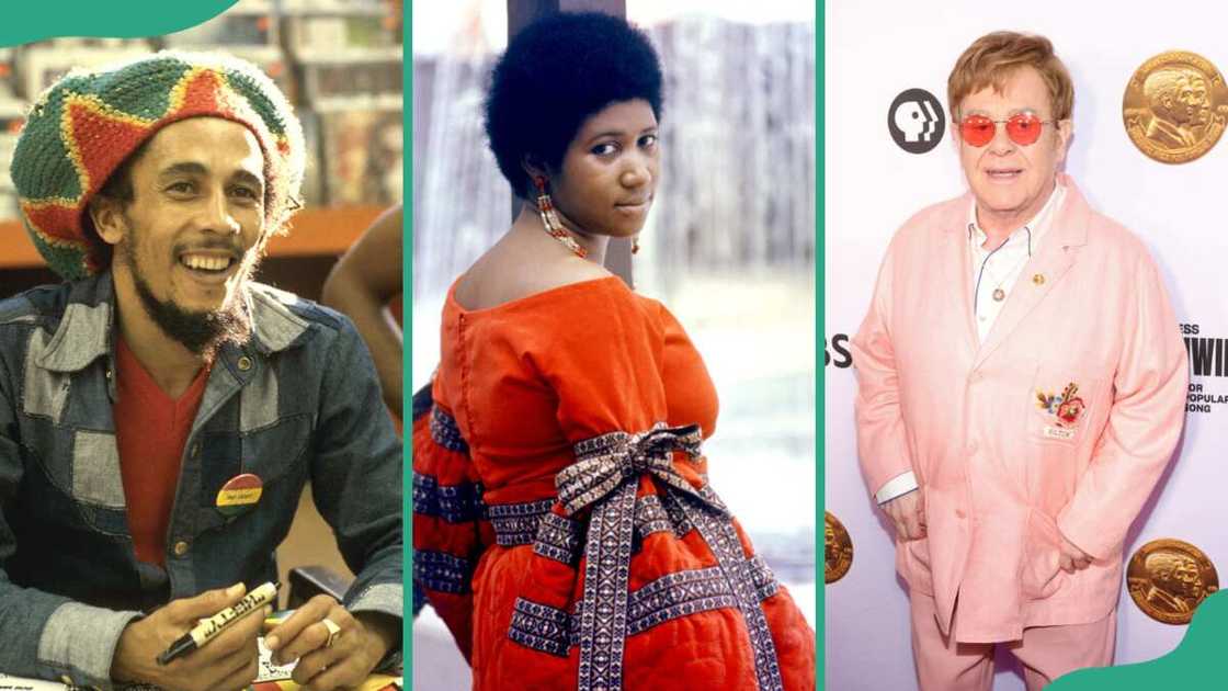 Artists whose songs made waves in the 70s: (L to R) Bob Marley, Aretha Franklin, and John Elton