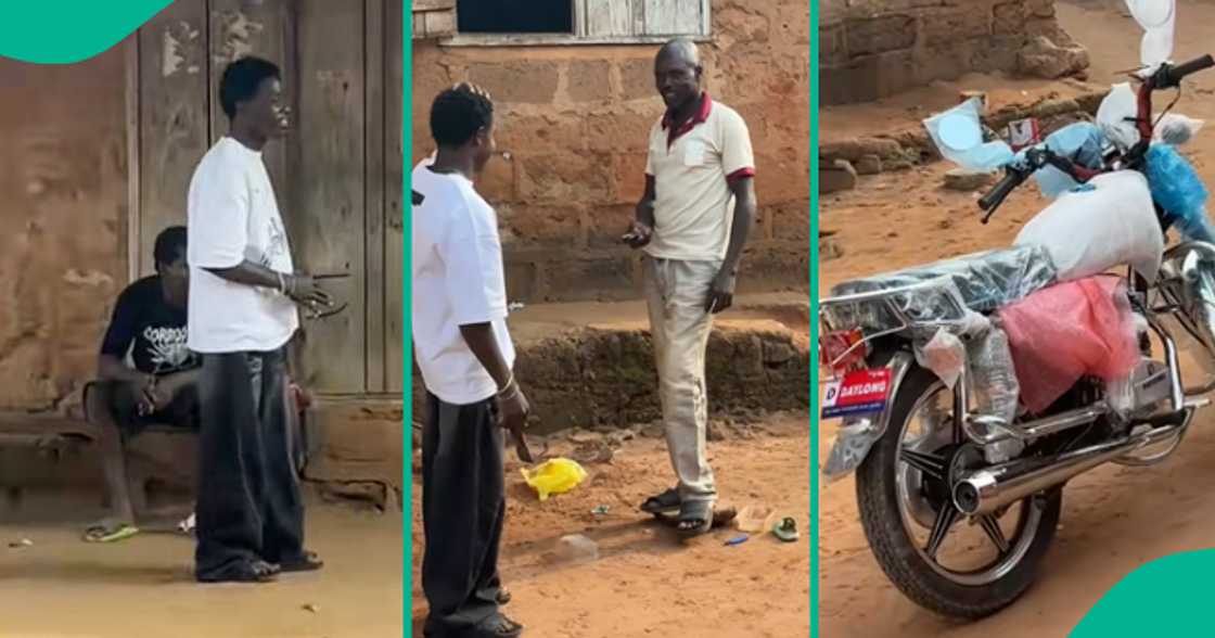 Nigerian father receives a motorcycle from his son. Nigerian father receives a motorcycle from his son.