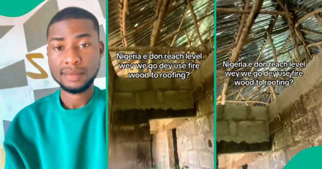 Nigerian man posts video of house roofed with firewood.