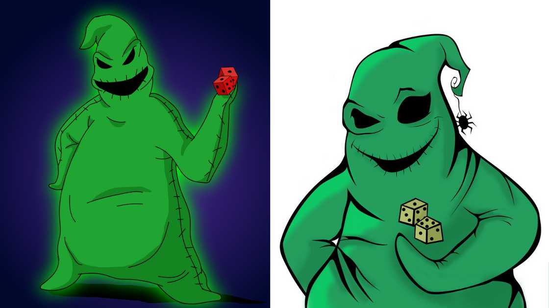 Oogie Boogie holding dice against a blue background and a white background