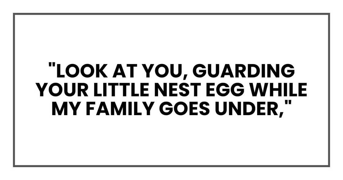 "Look at you, guarding your little nest egg while my family goes under,"
