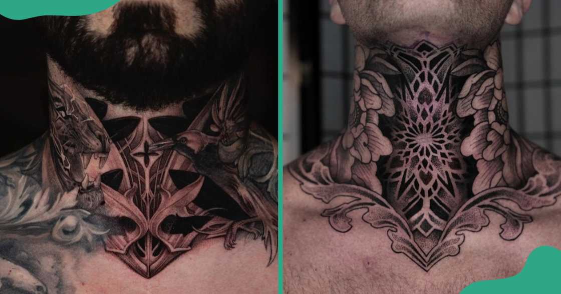 Geometrical tattoos with different elements on throats. Geometrical tattoos with different elements on throats.