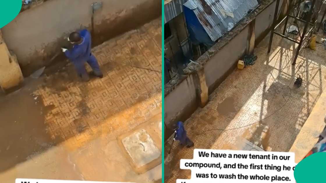 New tenant washes apartment compound, Tenant uses pressure washer on interlocks, Video shows tenant cleaning with water, Tenant praised for practicing cleanliness, Social media reacts to tenant’s action, Tenant goes viral for cleaning efforts.