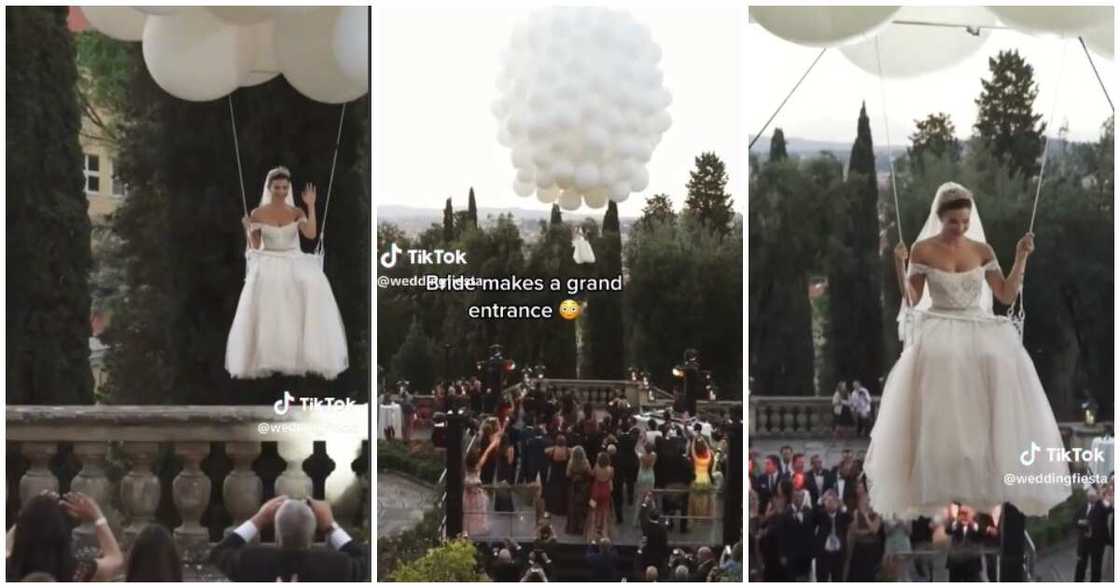 Bride floats in the air, balloons