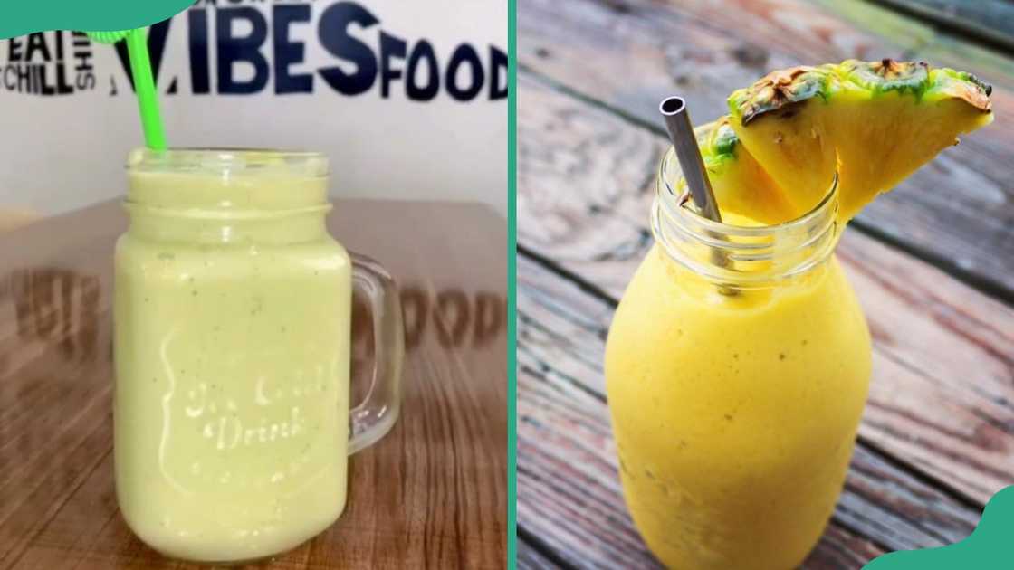 A glass of green hulk smoothie with a green straw on the table (L). A glass of pineapple smoothie with a black straw on the table (R) A glass of green hulk smoothie with a green straw on the table (L). A glass of pineapple smoothie with a black straw on the table (R)