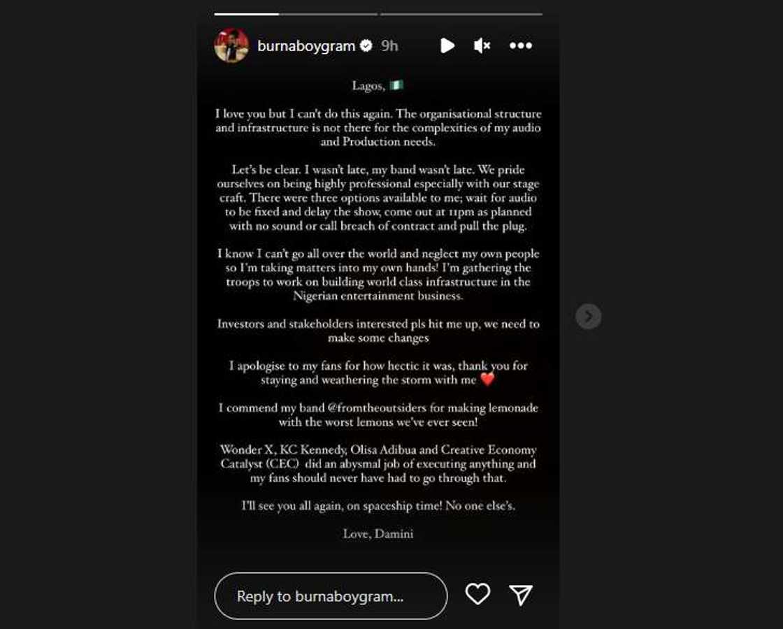 Burna Boy speaks after flopped Lagos concert. Burna Boy speaks after flopped Lagos concert.