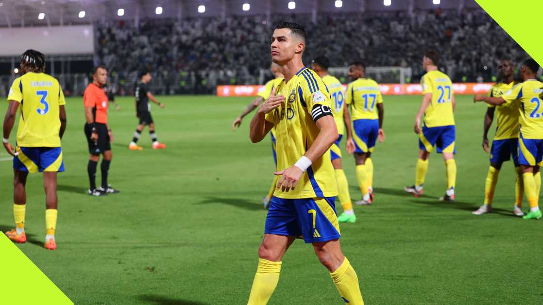 Portuguese maestro Cristiano Ronaldo celebrates his match-winning goal by pointing to the Al-Nassr badge.