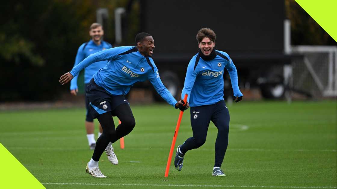 Tosin Adarabioyo, Marc Guiu, Kiernan Dewsbury-Hall, Chelsea, Cobham, London, England.