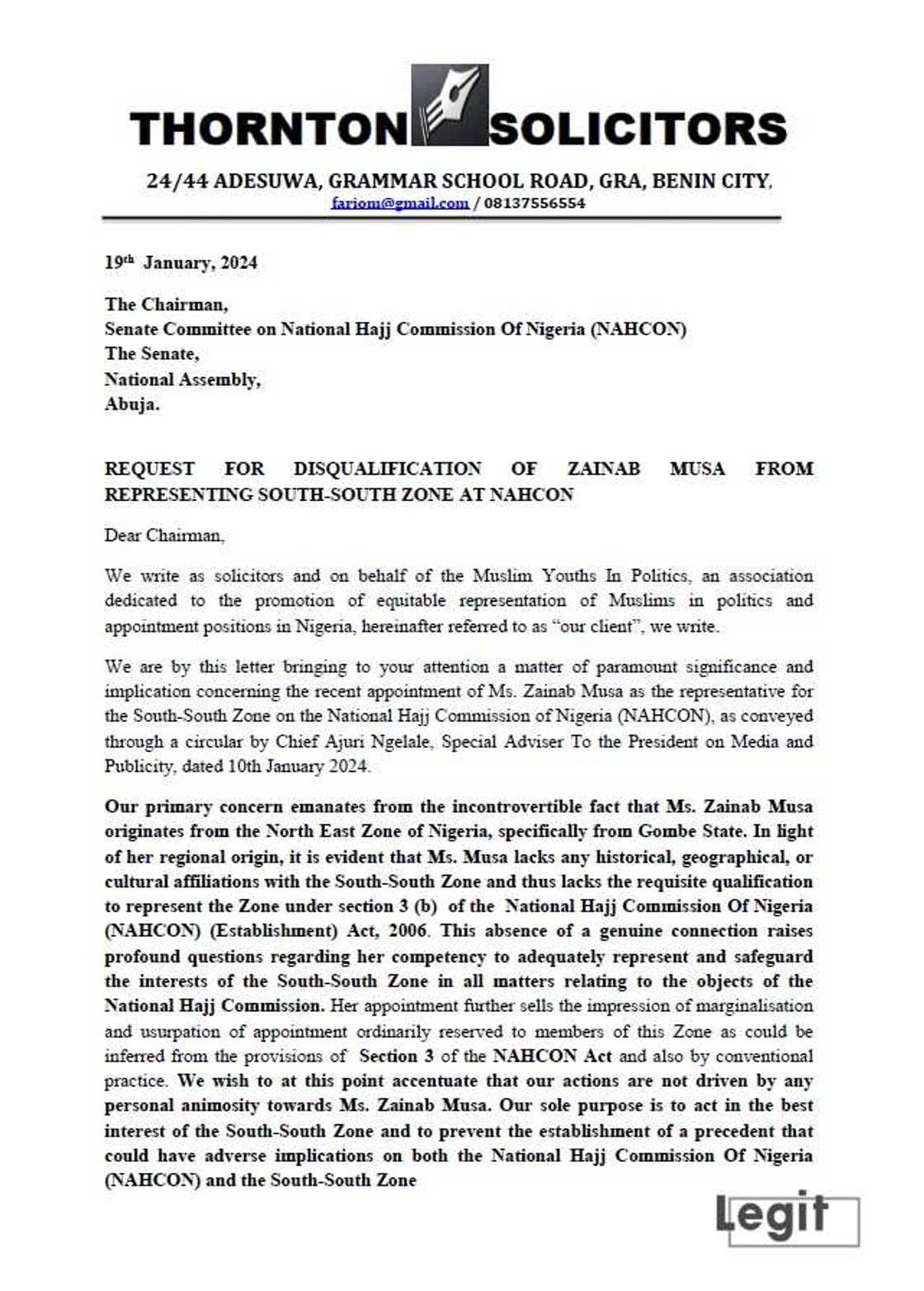 Thornton Solicitor's letter to the Nigerian Senate Thornton Solicitor's letter to the Nigerian Senate