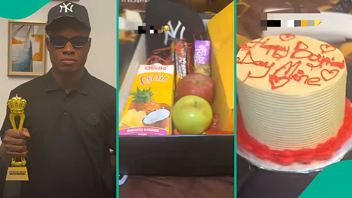 Nigerian man shows off cake, packages and award from girlfriend Nigerian man shows off cake, packages and award from girlfriend