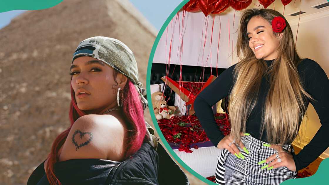 Karol G posing near the Pyramids of Egypt (L) The musician posing with her hands on her waist (R). Karol G posing near the Pyramids of Egypt (L) The musician posing with her hands on her waist (R).