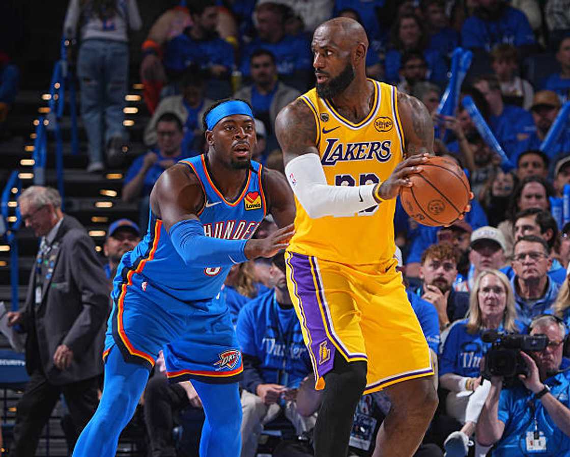 LeBron James of the Los Angeles Lakers during the game against the Oklahoma City Thunder. LeBron James of the Los Angeles Lakers during the game against the Oklahoma City Thunder.