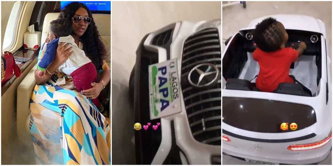 Davido’s bae Chioma shows off son’s miniature Mercedes Benz as he clocks 1 (photos)