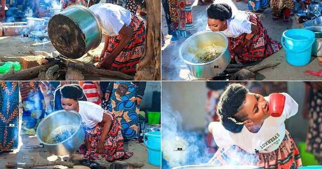 Bride cooks with her teeth on wedding day