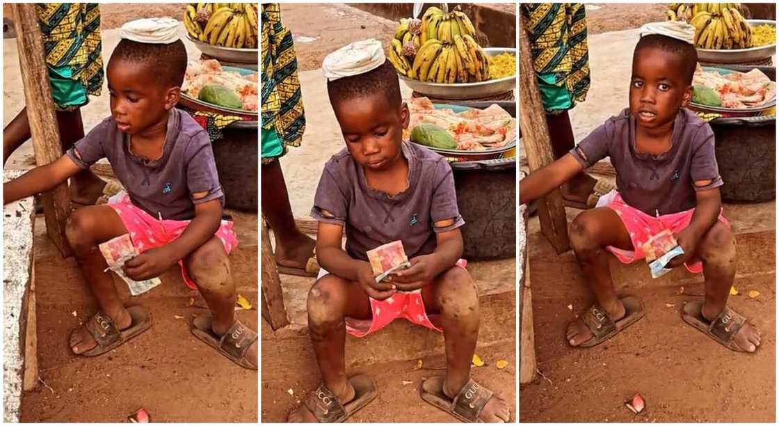 Photos of a boy counting his money after hawking.