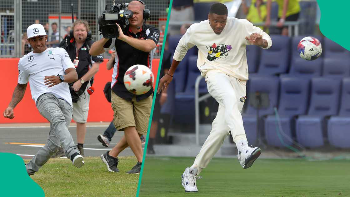 Lewis Hamilton and Giannis Antetokounmpo playing football. Photo by Sutton Images and Kevin Cox Lewis Hamilton and Giannis Antetokounmpo playing football. Photo by Sutton Images and Kevin Cox