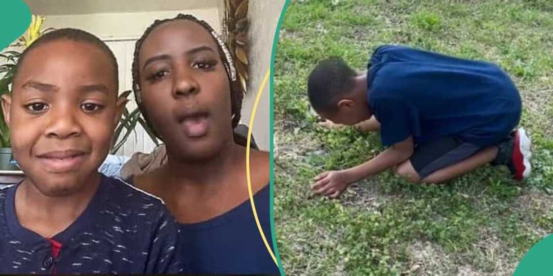 Little boy prays alone in compound