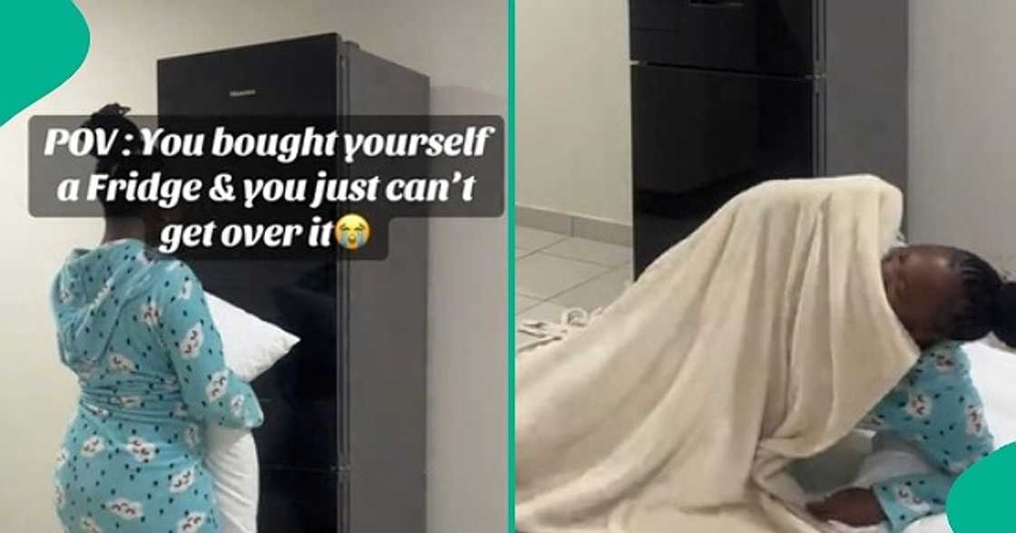 Lady shows off new fridge she bought Lady shows off new fridge she bought
