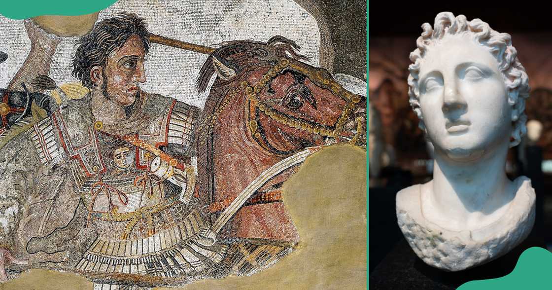 A mosaic art piece and a statue of Alexander the Great. A mosaic art piece and a statue of Alexander the Great.